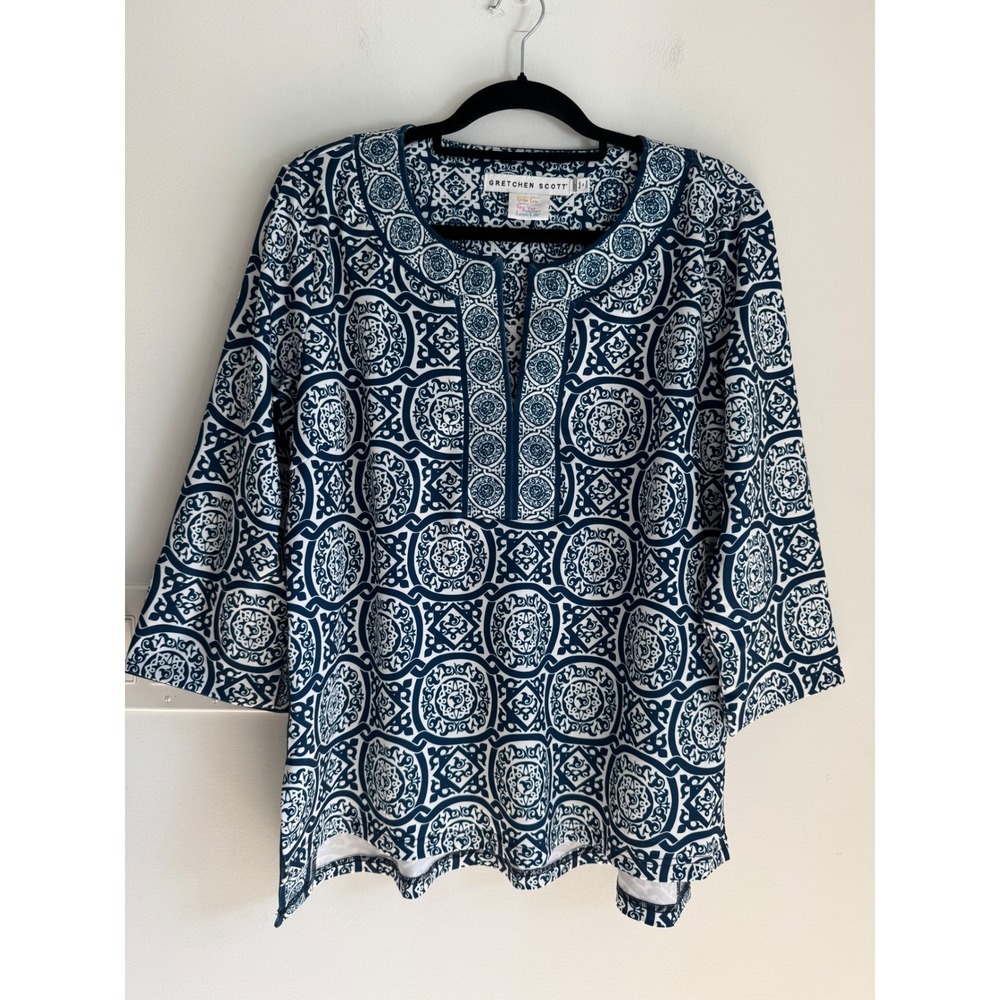 Gretchen Scott Goddess Tunic Top Navy Blue White Medallion Tile Print Size XXL